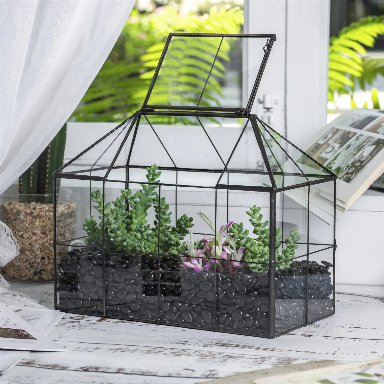 NCYP Glass Geometric Terrarium Tin-Sealed Brass Black House Shape Container With Grid And Swing Lid 20 NCYP Glass Geometric Terrarium Tin-Sealed Brass Black House Shape Container With Grid And Swing Lid - Image 18