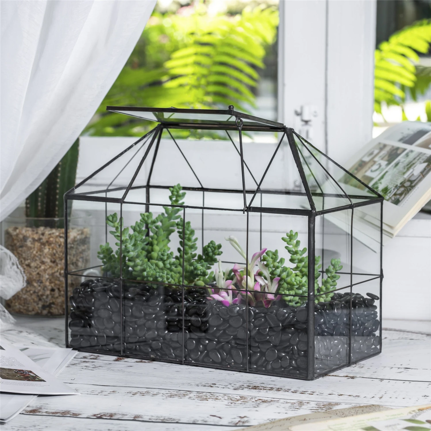 NCYP Glass Geometric Terrarium Tin-Sealed Brass Black House Shape Container With Grid And Swing Lid 19 NCYP Glass Geometric Terrarium Tin-Sealed Brass Black House Shape Container With Grid And Swing Lid - Image 17