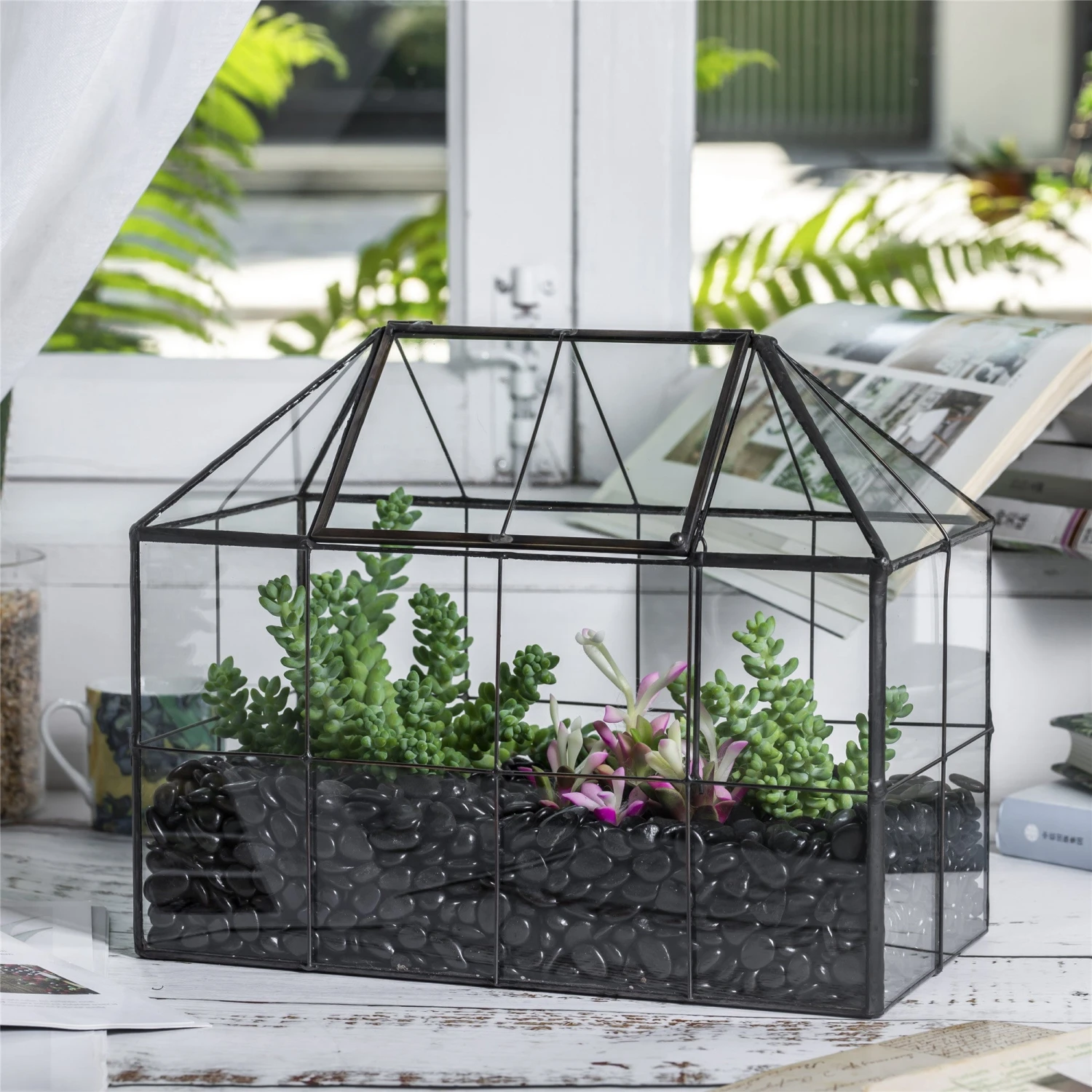NCYP Glass Geometric Terrarium Tin-Sealed Brass Black House Shape Container With Grid And Swing Lid 15 NCYP Glass Geometric Terrarium Tin-Sealed Brass Black House Shape Container With Grid And Swing Lid - Image 13
