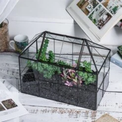 NCYP Glass Geometric Terrarium Tin-Sealed Brass Black House Shape Container With Grid And Swing Lid 34 NCYP Glass Geometric Terrarium Tin-Sealed Brass Black House Shape Container With Grid And Swing Lid -Ncyp Garden Store 20190621003 5