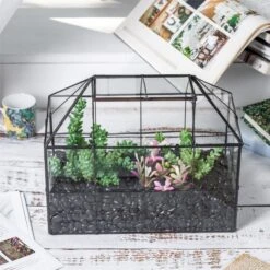 NCYP Glass Geometric Terrarium Tin-Sealed Brass Black House Shape Container With Grid And Swing Lid 35 NCYP Glass Geometric Terrarium Tin-Sealed Brass Black House Shape Container With Grid And Swing Lid -Ncyp Garden Store 20190621003 7