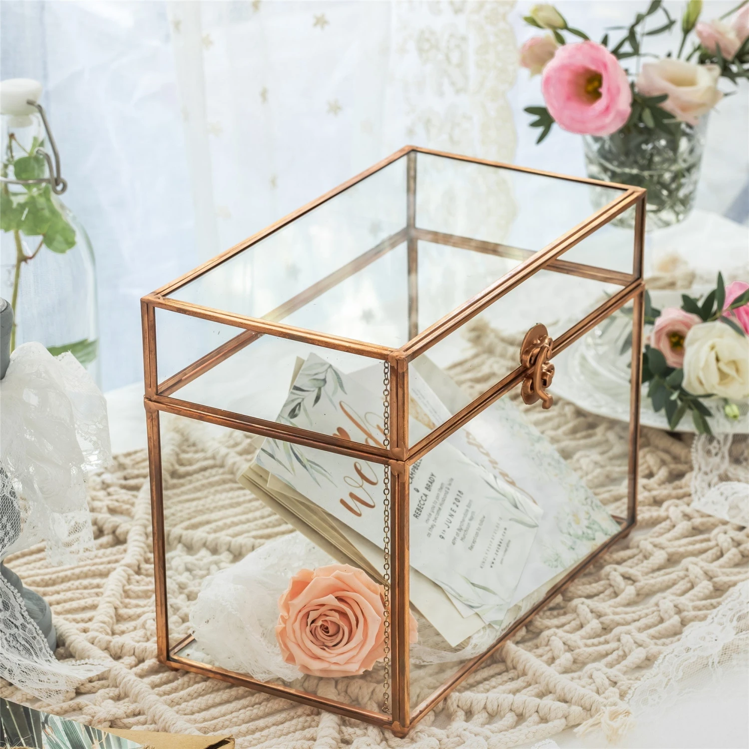 Pure Copper Medium Geometric Glass Card Box Terrarium Foot Latch Rose Gold Handmade Rectangular 8 Pure Copper Medium Geometric Glass Card Box Terrarium Foot Latch Rose Gold Handmade Rectangular - Image 6