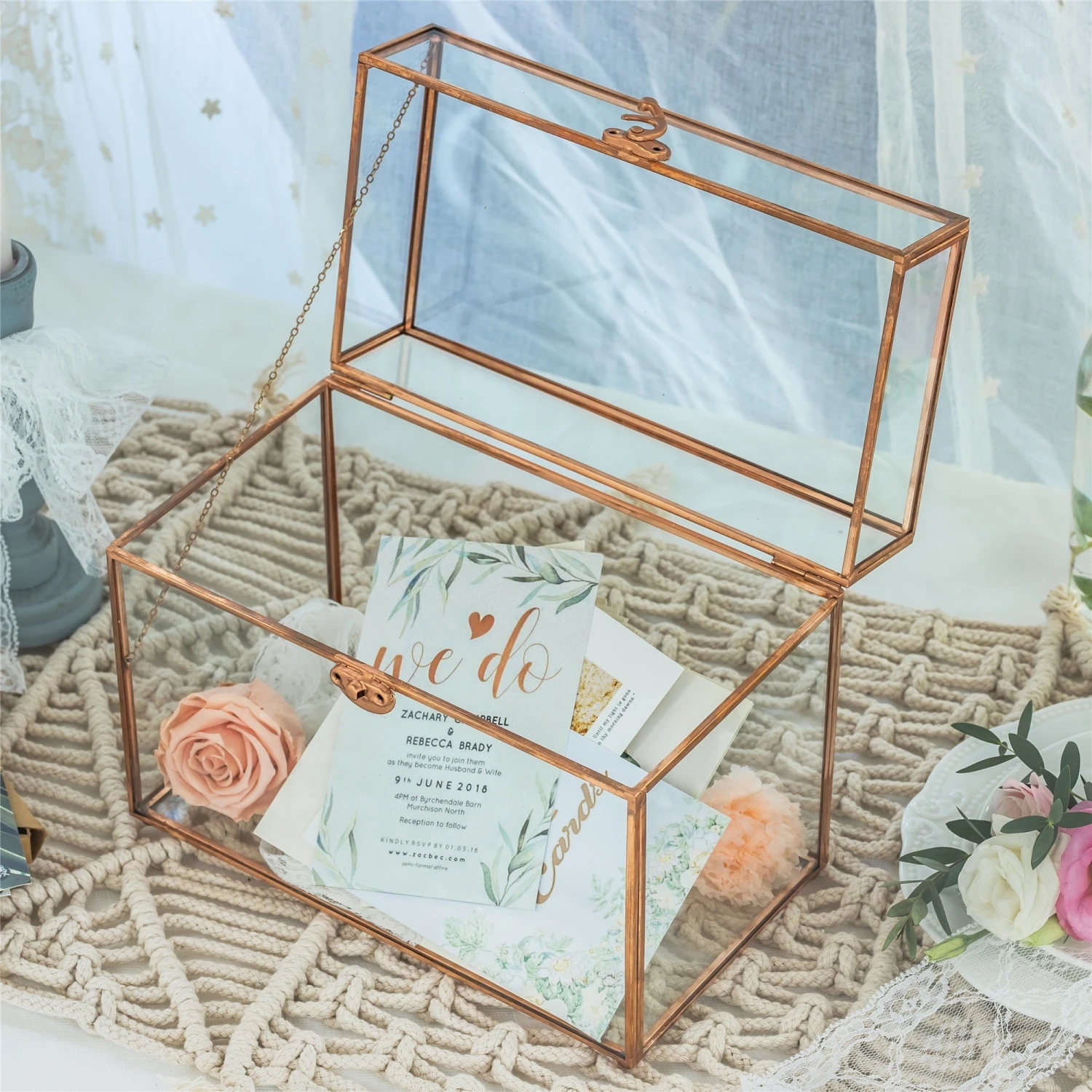 Pure Copper Medium Geometric Glass Card Box Terrarium Foot Latch Rose Gold Handmade Rectangular 4 Pure Copper Medium Geometric Glass Card Box Terrarium Foot Latch Rose Gold Handmade Rectangular - Image 2