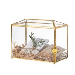 Large Geometric Glass Card Box Terrarium With Slot And Heart Lock, Foot, Gold, Handmade, Brass,for Wedding Receiption, Wishwell, Keepsake Centerpiece -Ncyp Garden Store 20190926001 2000