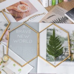 NCYP Vintage Gold Brass Floating Hanging Glass Long Hexagon Photo Frame For Fern, Pressed Flower -Ncyp Garden Store 20191224001 3