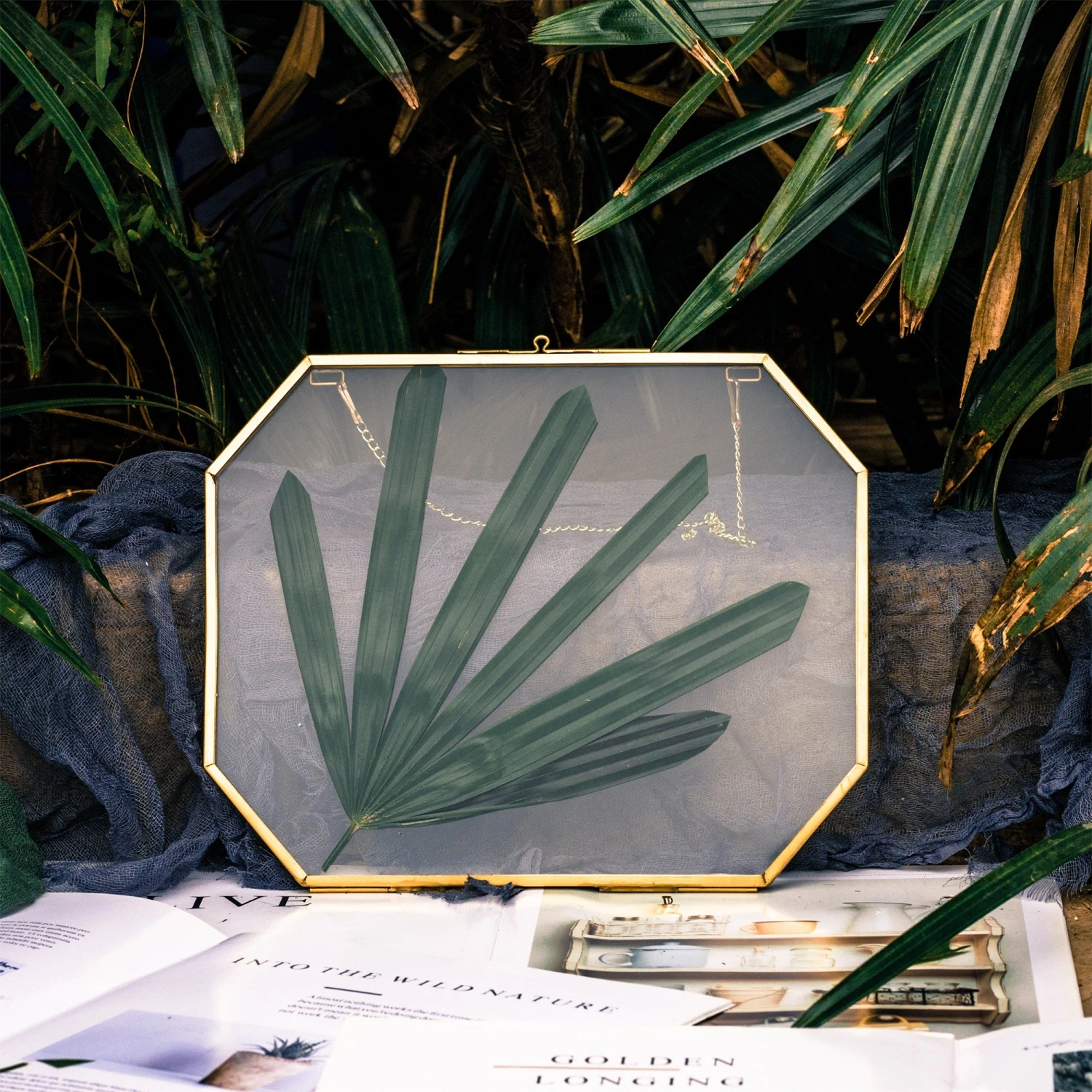 Wall Hanging 8x10" Horizontal Long Octagon Herbarium Brass Double Glass Frame For Pressed Flowers, Dried Flowers, Poster, Floating Frame 4 Wall Hanging 8x10" Horizontal Long Octagon Herbarium Brass Double Glass Frame For Pressed Flowers, Dried Flowers, Poster, Floating Frame - Image 2