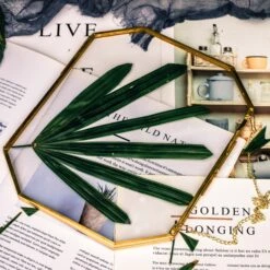 Wall Hanging 8x10" Horizontal Long Octagon Herbarium Brass Double Glass Frame For Pressed Flowers, Dried Flowers, Poster, Floating Frame