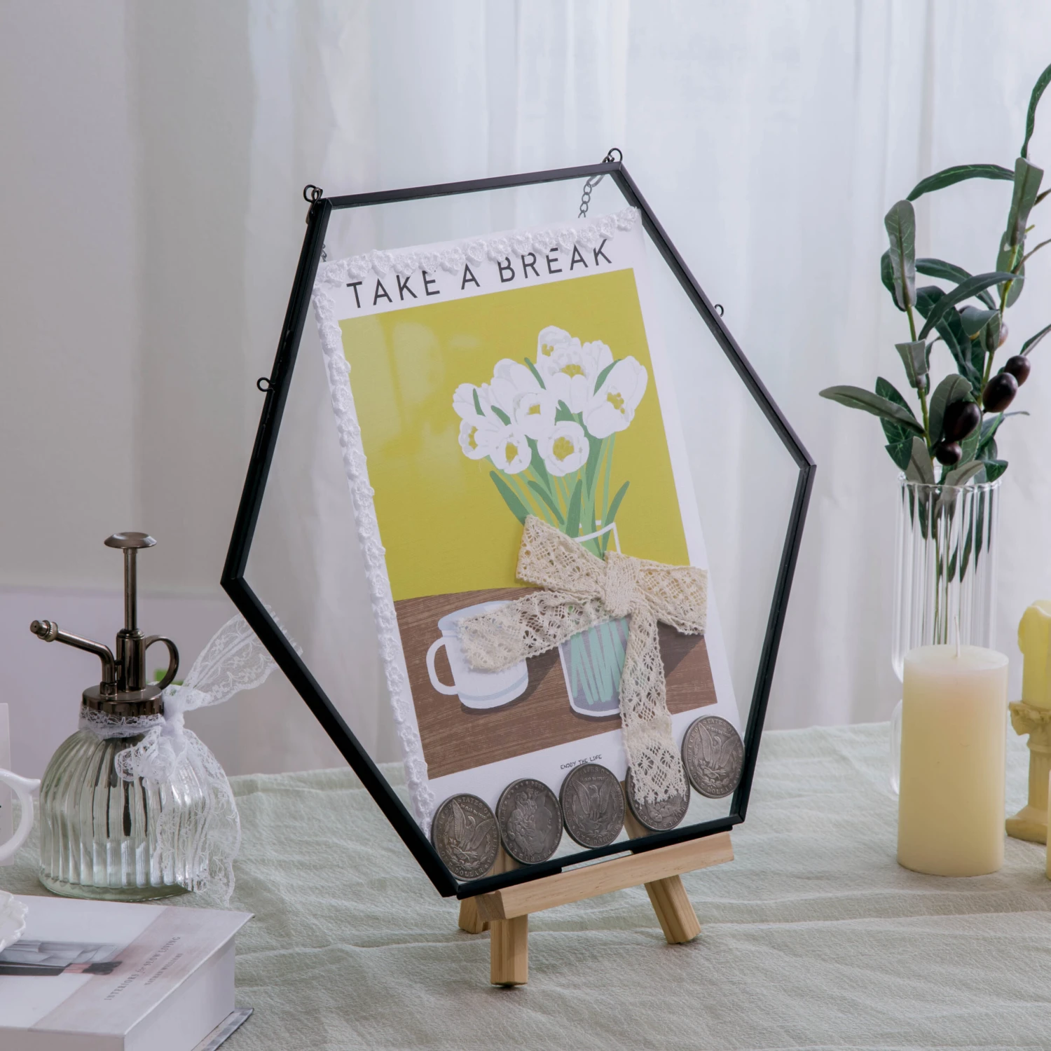 Wall Hanging Black Hexagon 12" Herbarium Brass Glass Frame For Thick Pressed Flowers, Dried Flowers, Poster, Coin, Double Glass, Floating 4 Wall Hanging Black Hexagon 12" Herbarium Brass Glass Frame For Thick Pressed Flowers, Dried Flowers, Poster, Coin, Double Glass, Floating - Image 2