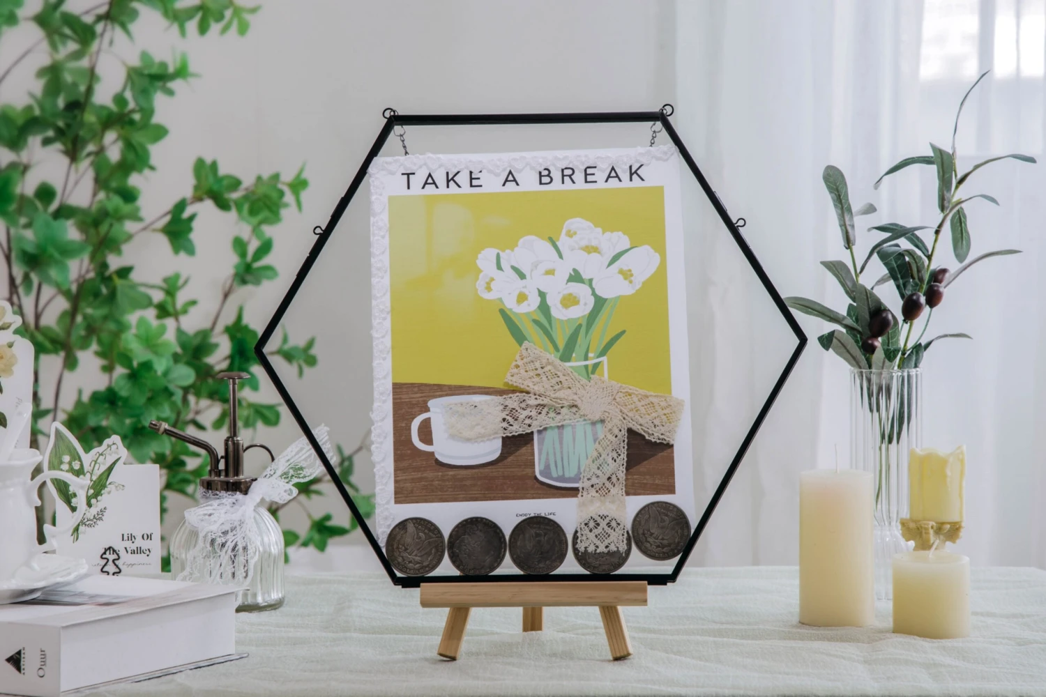 Wall Hanging Black Hexagon 12" Herbarium Brass Glass Frame For Thick Pressed Flowers, Dried Flowers, Poster, Coin, Double Glass, Floating 8 Wall Hanging Black Hexagon 12" Herbarium Brass Glass Frame For Thick Pressed Flowers, Dried Flowers, Poster, Coin, Double Glass, Floating - Image 6