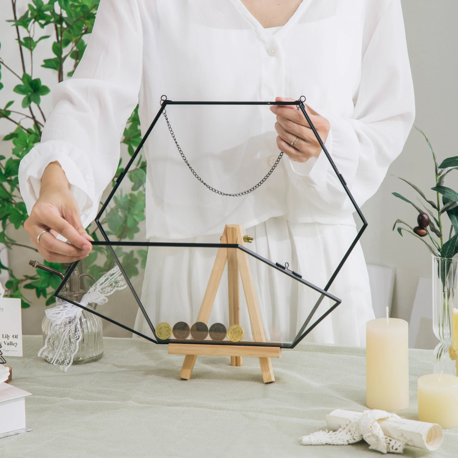 Wall Hanging Black Hexagon 12" Herbarium Brass Glass Frame For Thick Pressed Flowers, Dried Flowers, Poster, Coin, Double Glass, Floating 11 Wall Hanging Black Hexagon 12" Herbarium Brass Glass Frame For Thick Pressed Flowers, Dried Flowers, Poster, Coin, Double Glass, Floating - Image 9