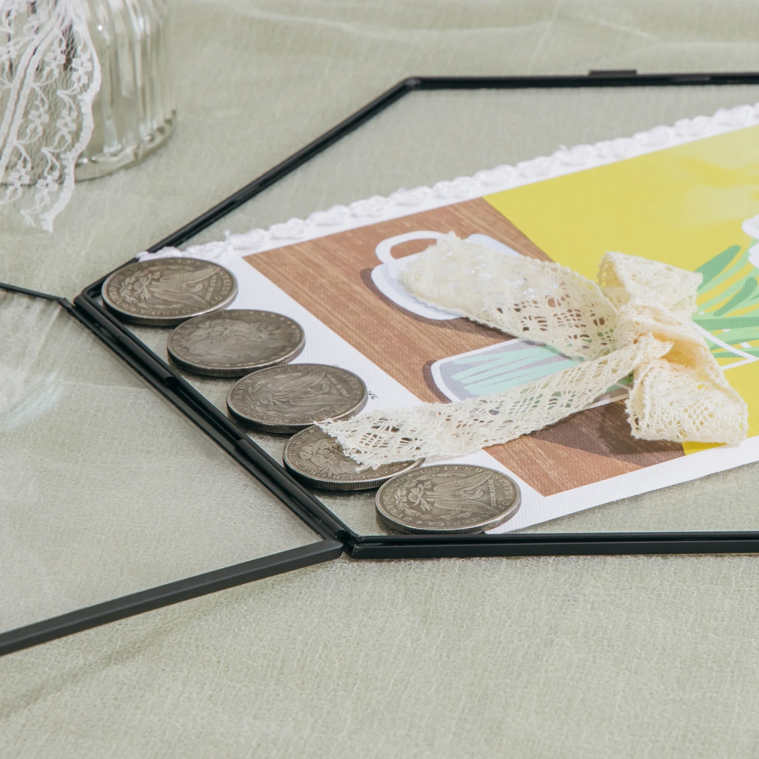 Wall Hanging Black Hexagon 12" Herbarium Brass Glass Frame For Thick Pressed Flowers, Dried Flowers, Poster, Coin, Double Glass, Floating 12 Wall Hanging Black Hexagon 12" Herbarium Brass Glass Frame For Thick Pressed Flowers, Dried Flowers, Poster, Coin, Double Glass, Floating - Image 10