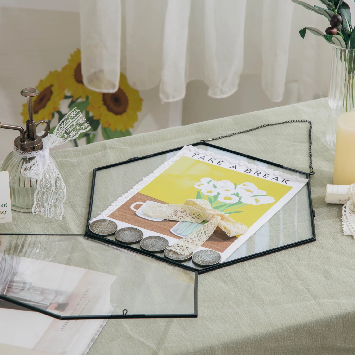 Wall Hanging Black Hexagon 12" Herbarium Brass Glass Frame For Thick Pressed Flowers, Dried Flowers, Poster, Coin, Double Glass, Floating 13 Wall Hanging Black Hexagon 12" Herbarium Brass Glass Frame For Thick Pressed Flowers, Dried Flowers, Poster, Coin, Double Glass, Floating - Image 11