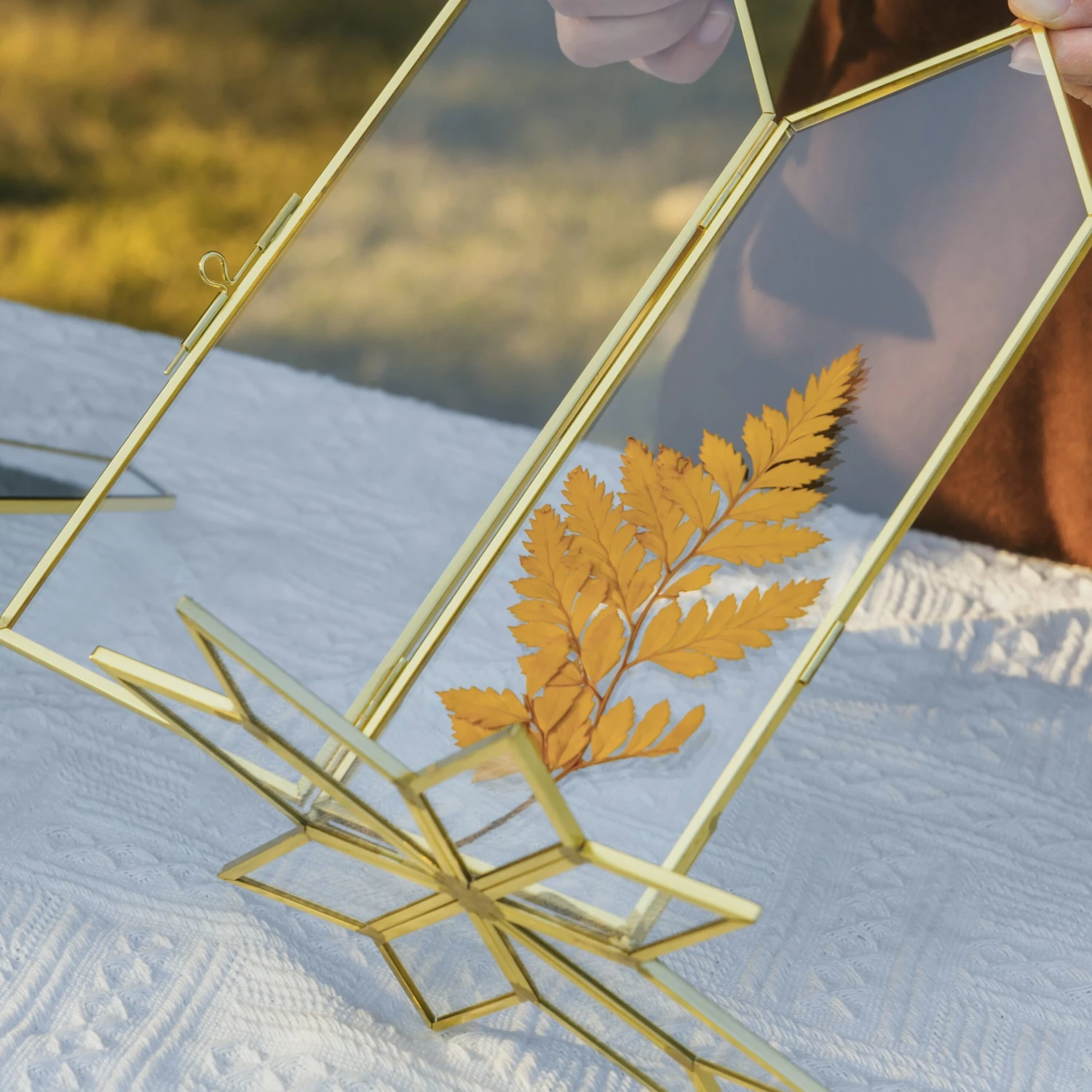Geometric Gardenia Garden Gold Glass And Brass Wedding Table Number Holder, Pressed Flower Frame 11 Geometric Gardenia Garden Gold Glass And Brass Wedding Table Number Holder, Pressed Flower Frame - Image 9