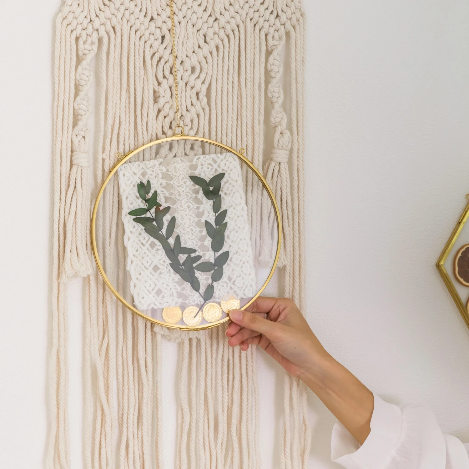 Wall Hanging Round 8" Herbarium Brass Glass Frame For Thick Pressed Flowers, Dried Flowers, Poster, Coin, Double Glass, Floating Frame 6 Wall Hanging Round 8" Herbarium Brass Glass Frame For Thick Pressed Flowers, Dried Flowers, Poster, Coin, Double Glass, Floating Frame - Image 4