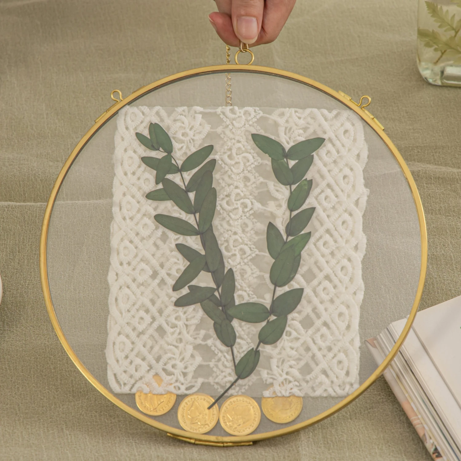 Wall Hanging Round 8" Herbarium Brass Glass Frame For Thick Pressed Flowers, Dried Flowers, Poster, Coin, Double Glass, Floating Frame 15 Wall Hanging Round 8" Herbarium Brass Glass Frame For Thick Pressed Flowers, Dried Flowers, Poster, Coin, Double Glass, Floating Frame - Image 13