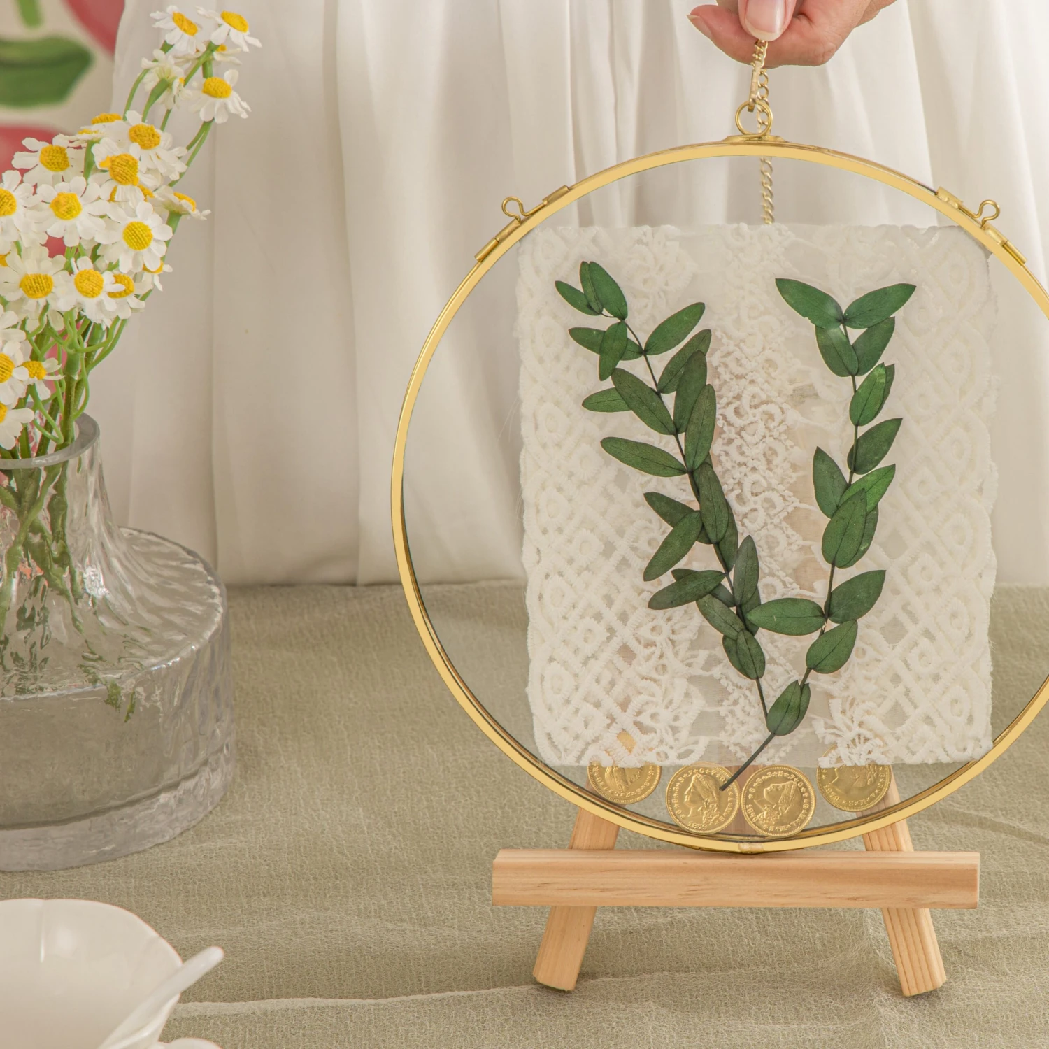 Wall Hanging Round 8" Herbarium Brass Glass Frame For Thick Pressed Flowers, Dried Flowers, Poster, Coin, Double Glass, Floating Frame 5 Wall Hanging Round 8" Herbarium Brass Glass Frame For Thick Pressed Flowers, Dried Flowers, Poster, Coin, Double Glass, Floating Frame - Image 3