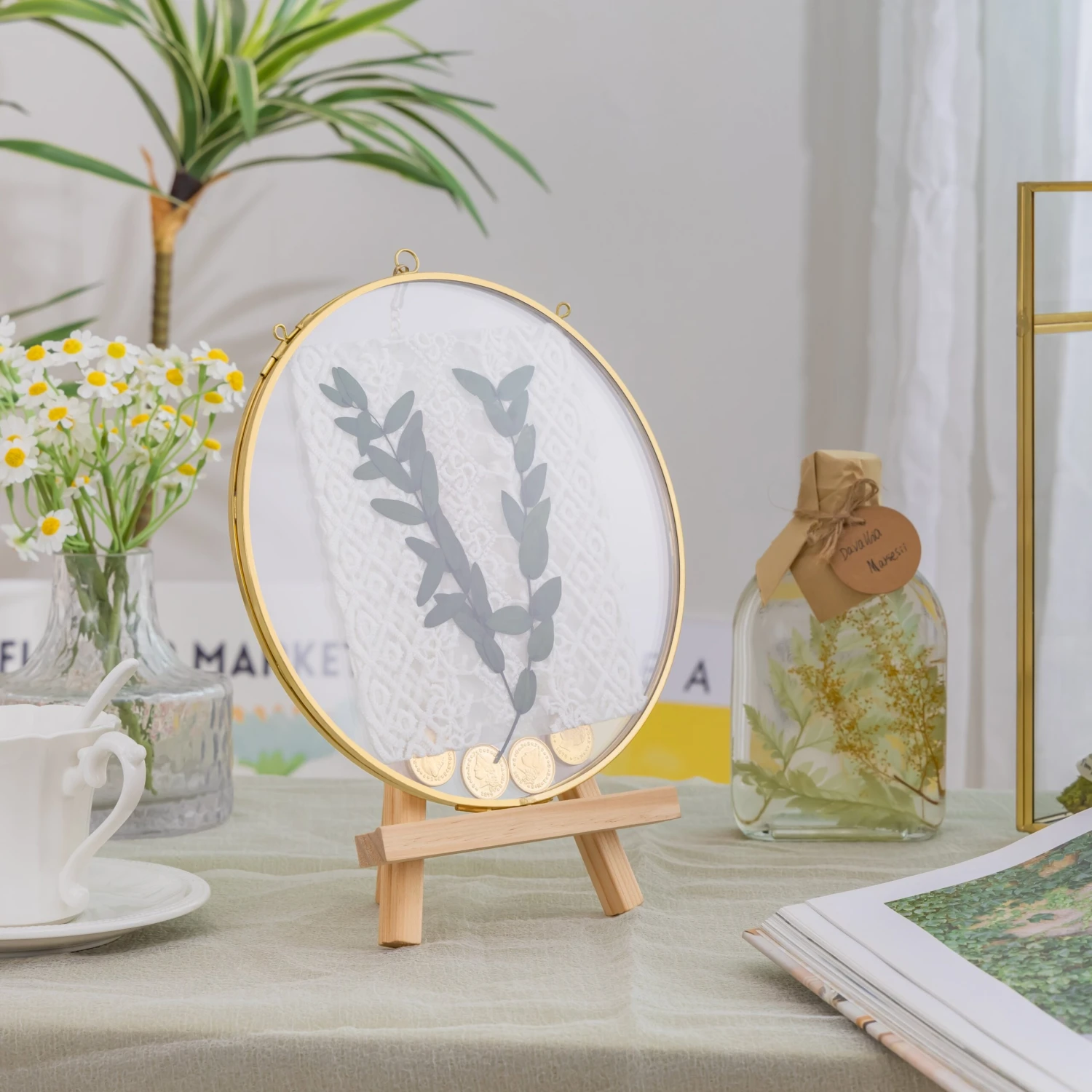 Wall Hanging Round 8" Herbarium Brass Glass Frame For Thick Pressed Flowers, Dried Flowers, Poster, Coin, Double Glass, Floating Frame 20 Wall Hanging Round 8" Herbarium Brass Glass Frame For Thick Pressed Flowers, Dried Flowers, Poster, Coin, Double Glass, Floating Frame - Image 18