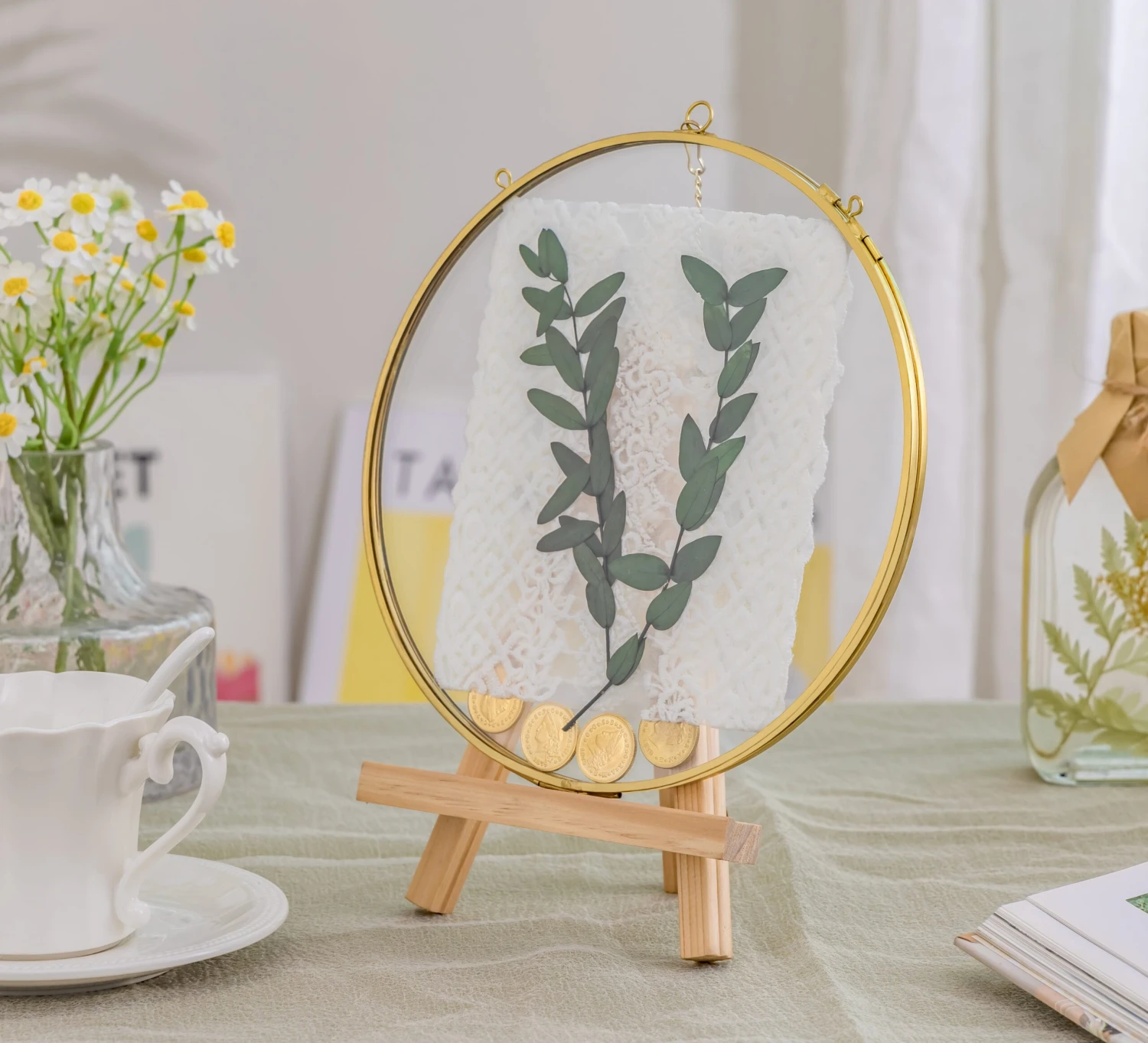 Wall Hanging Round 8" Herbarium Brass Glass Frame For Thick Pressed Flowers, Dried Flowers, Poster, Coin, Double Glass, Floating Frame 18 Wall Hanging Round 8" Herbarium Brass Glass Frame For Thick Pressed Flowers, Dried Flowers, Poster, Coin, Double Glass, Floating Frame - Image 16