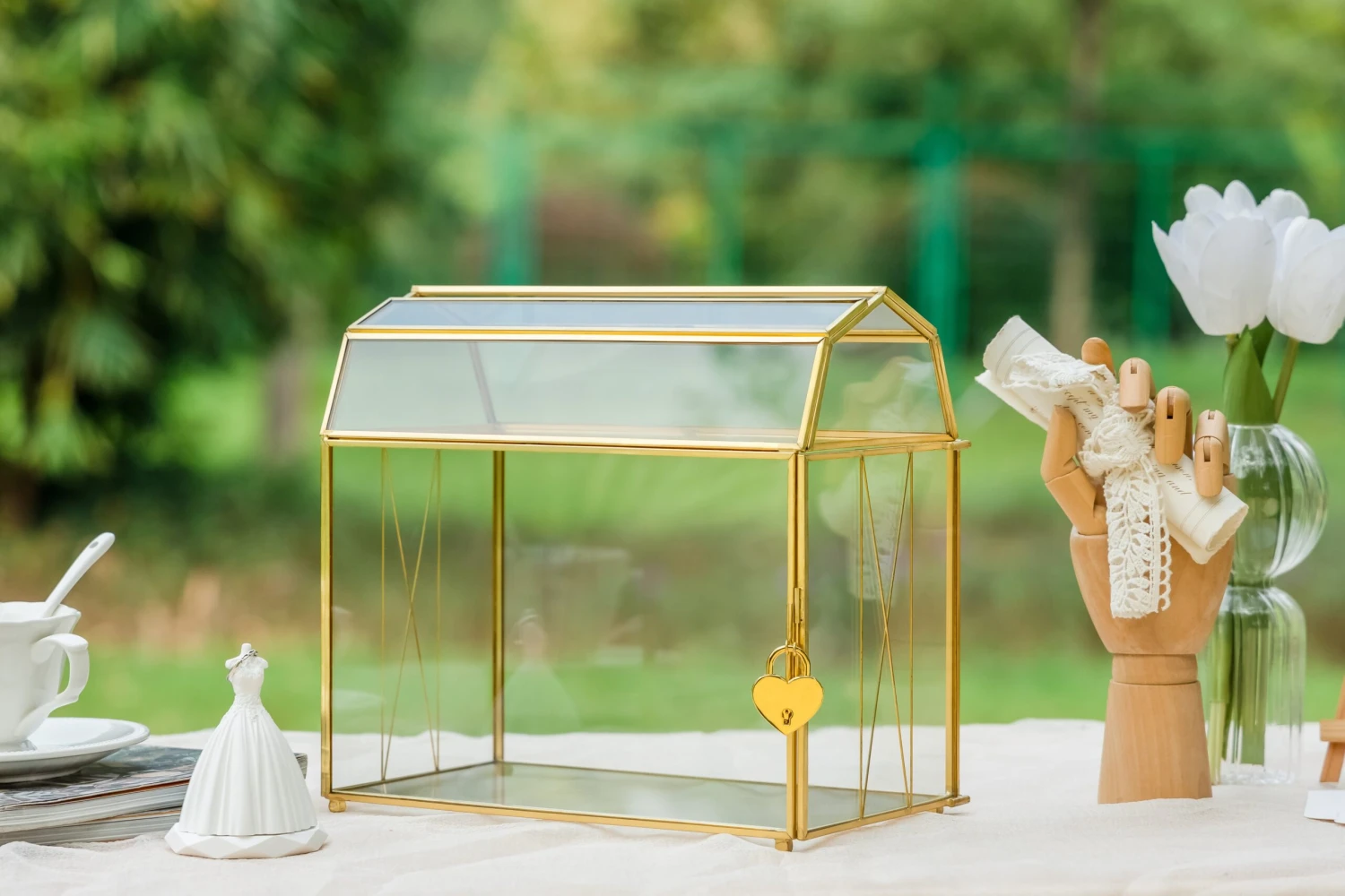 Nostalgic Cottage Barn Shape Gold Geometric Brass And Glass Card Box Terrarium With Slot, Heart Lock, Foot, Handmade For Wedding Reception 7 Nostalgic Cottage Barn Shape Gold Geometric Brass And Glass Card Box Terrarium With Slot, Heart Lock, Foot, Handmade For Wedding Reception - Image 5