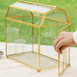 Nostalgic Cottage Barn Shape Gold Geometric Brass And Glass Card Box Terrarium With Slot, Heart Lock, Foot, Handmade For Wedding Reception 18 Nostalgic Cottage Barn Shape Gold Geometric Brass And Glass Card Box Terrarium With Slot, Heart Lock, Foot, Handmade For Wedding Reception -Ncyp Garden Store 290A6422