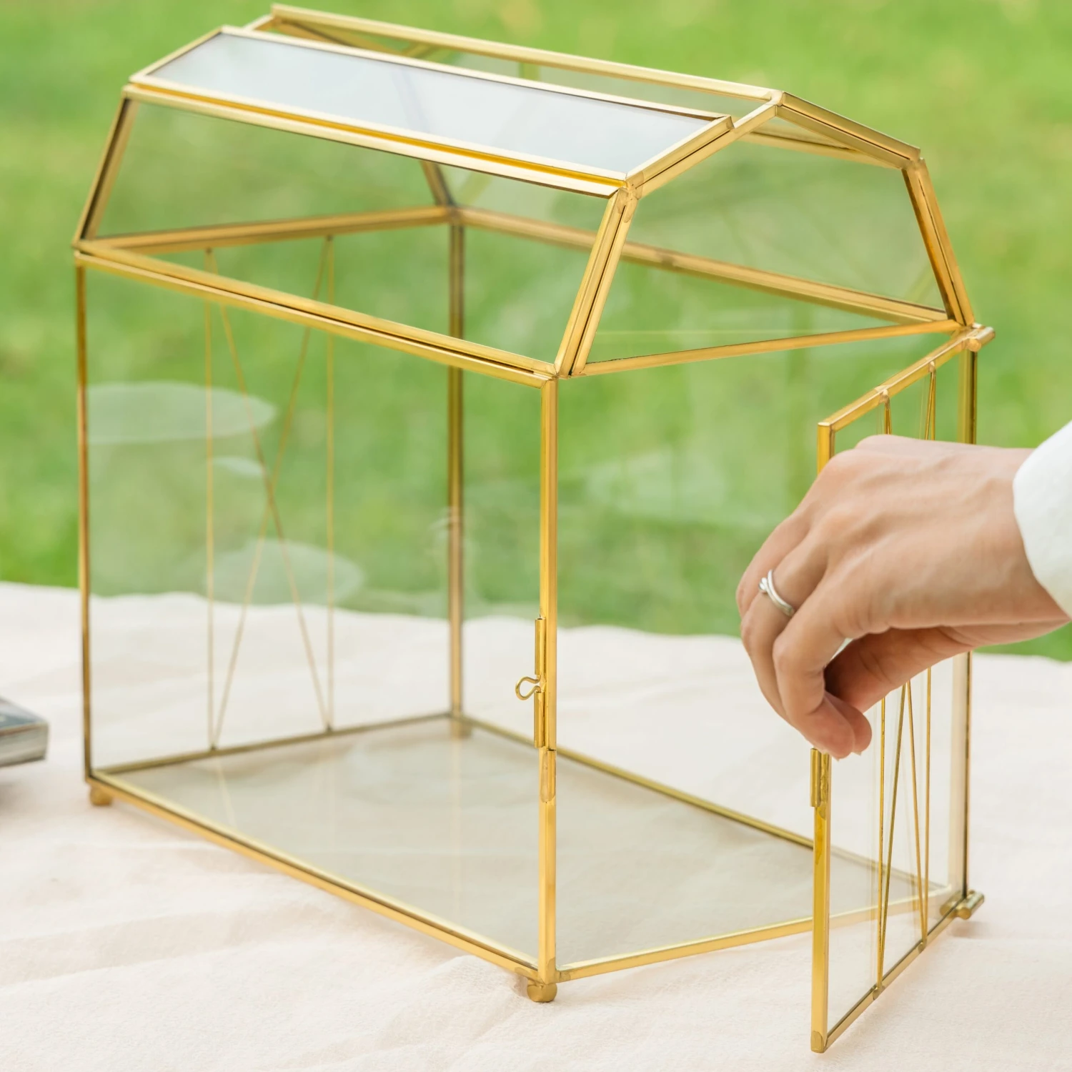 Nostalgic Cottage Barn Shape Gold Geometric Brass And Glass Card Box Terrarium With Slot, Heart Lock, Foot, Handmade For Wedding Reception 8 Nostalgic Cottage Barn Shape Gold Geometric Brass And Glass Card Box Terrarium With Slot, Heart Lock, Foot, Handmade For Wedding Reception - Image 6
