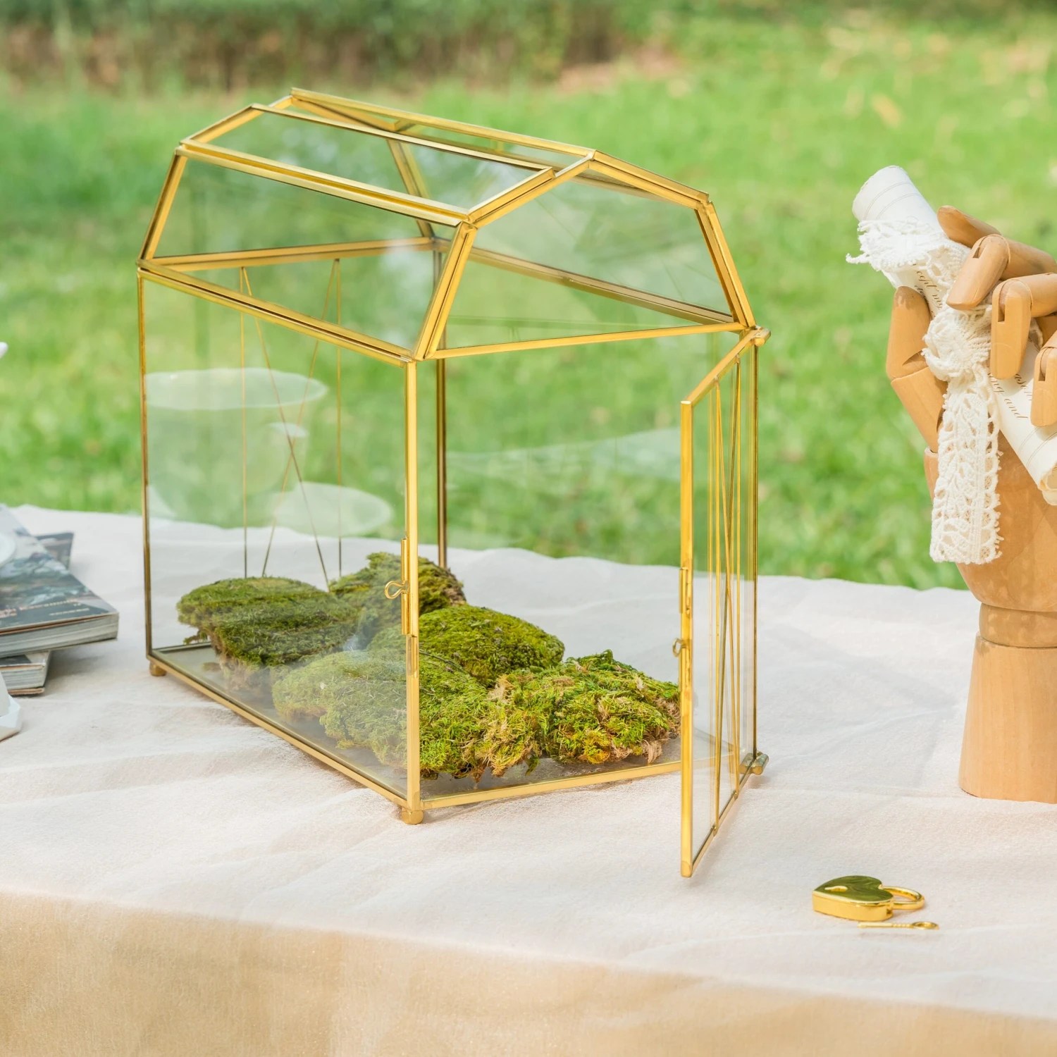 Nostalgic Cottage Barn Shape Gold Geometric Brass And Glass Card Box Terrarium With Slot, Heart Lock, Foot, Handmade For Wedding Reception 9 Nostalgic Cottage Barn Shape Gold Geometric Brass And Glass Card Box Terrarium With Slot, Heart Lock, Foot, Handmade For Wedding Reception - Image 7