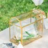 Nostalgic Cottage Barn Shape Gold Geometric Brass And Glass Card Box Terrarium With Slot, Heart Lock, Foot, Handmade For Wedding Reception -Ncyp Garden Store 290A6458
