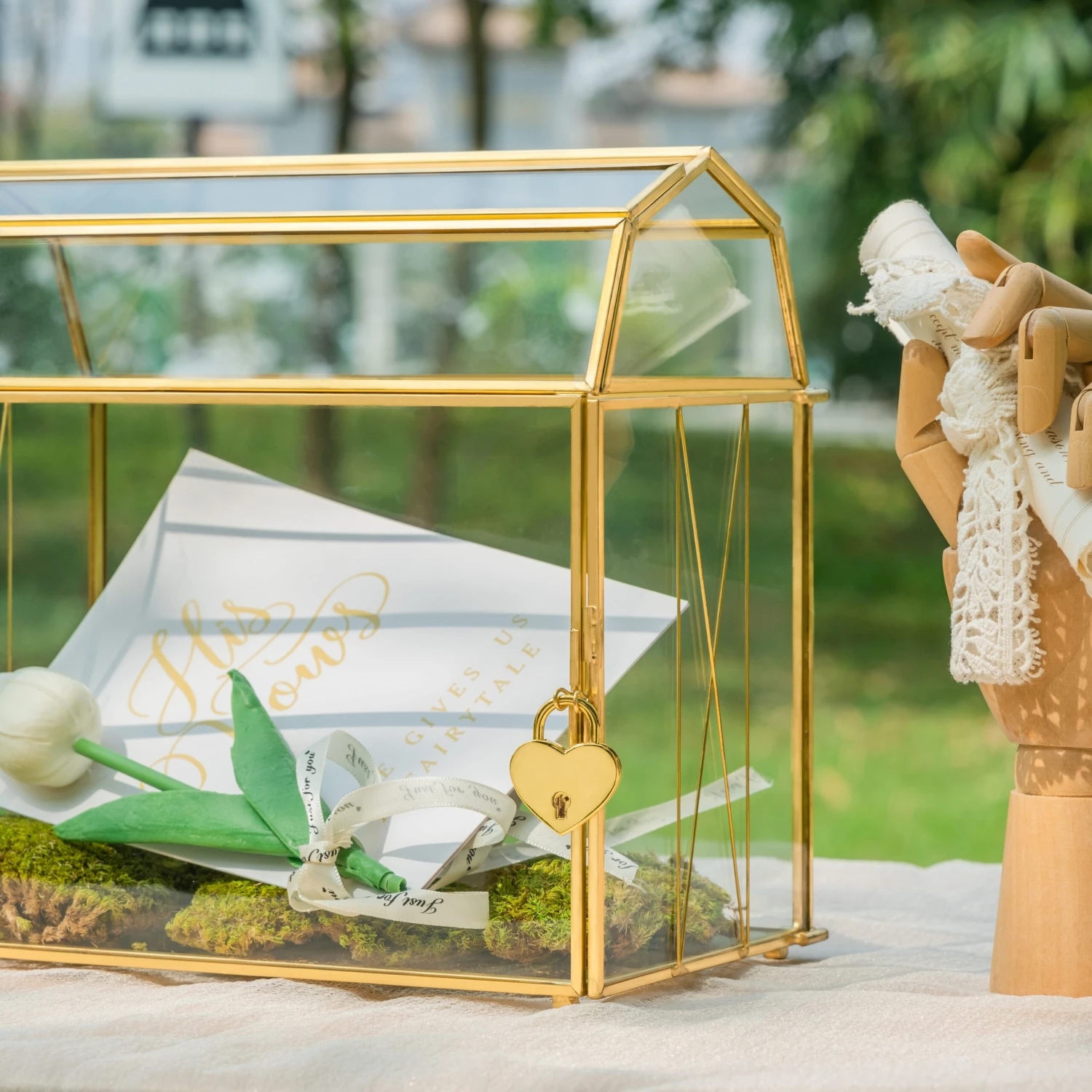 Nostalgic Cottage Barn Shape Gold Geometric Brass And Glass Card Box Terrarium With Slot, Heart Lock, Foot, Handmade For Wedding Reception 10 Nostalgic Cottage Barn Shape Gold Geometric Brass And Glass Card Box Terrarium With Slot, Heart Lock, Foot, Handmade For Wedding Reception - Image 8