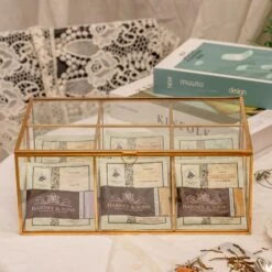 NCYP Glass Terrarium Box Tea Coffee Bag Storage Organizer Jewelry Counter 6 Grids Compartments Handcrafted Brass For Harney & Sons Tea Bag -Ncyp Garden Store 2 20201224001 9