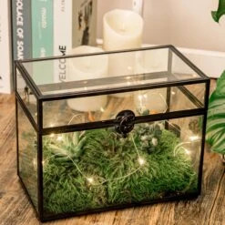 Black Geometric Glass Card Box Terrarium Foot Latch Handmade Rectangular For Wedding Receiption Wishwell Keepsake