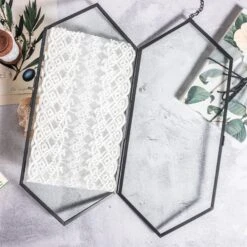 NCYP Vintage Black Brass Floating Hanging Glass Long Hexagon Photo Frame For Fern, Pressed Flower -Ncyp Garden Store 8918