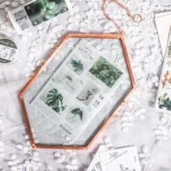 NCYP Vintage Rose Gold Copper Floating Hanging Glass Long Hexagon Frame For Fern, Pressed Flower