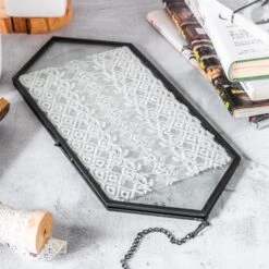 NCYP Vintage Black Brass Floating Hanging Glass Long Hexagon Photo Frame For Fern, Pressed Flower -Ncyp Garden Store 9016