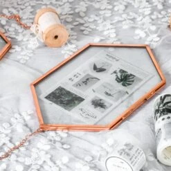 NCYP Vintage Rose Gold Copper Floating Hanging Glass Long Hexagon Frame For Fern, Pressed Flower -Ncyp Garden Store 9024