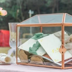 US Rose Gold Pink Pure Copper Standard Large Geometric Glass Card Box Terrarium With Slot, Lock, Handmade For Wedding Reception Wishwell -Ncyp Garden Store G01A1696