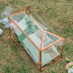 US Rose Gold Pink Pure Copper Standard Large Geometric Glass Card Box Terrarium With Slot, Lock, Handmade For Wedding Reception Wishwell -Ncyp Garden Store G01A1725