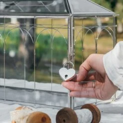 Vintage Silver Large Geometric Glass Card Box Terrarium With Slot, Heart Lock, Foot, Handmade Brass For Wedding Reception Wishwell Keepsake -Ncyp Garden Store G01A2199