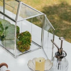 Vintage Silver Large Geometric Glass Card Box Terrarium With Slot, Heart Lock, Foot, Handmade Brass For Wedding Reception Wishwell Keepsake -Ncyp Garden Store G01A2249