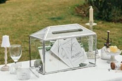 Vintage Silver Large Geometric Glass Card Box Terrarium With Slot, Heart Lock, Foot, Handmade Brass For Wedding Reception Wishwell Keepsake -Ncyp Garden Store G01A2298