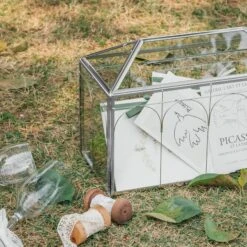 Vintage Silver Large Geometric Glass Card Box Terrarium With Slot, Heart Lock, Foot, Handmade Brass For Wedding Reception Wishwell Keepsake -Ncyp Garden Store G01A2313