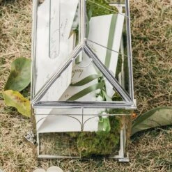 Vintage Silver Large Geometric Glass Card Box Terrarium With Slot, Heart Lock, Foot, Handmade Brass For Wedding Reception Wishwell Keepsake -Ncyp Garden Store G01A2318