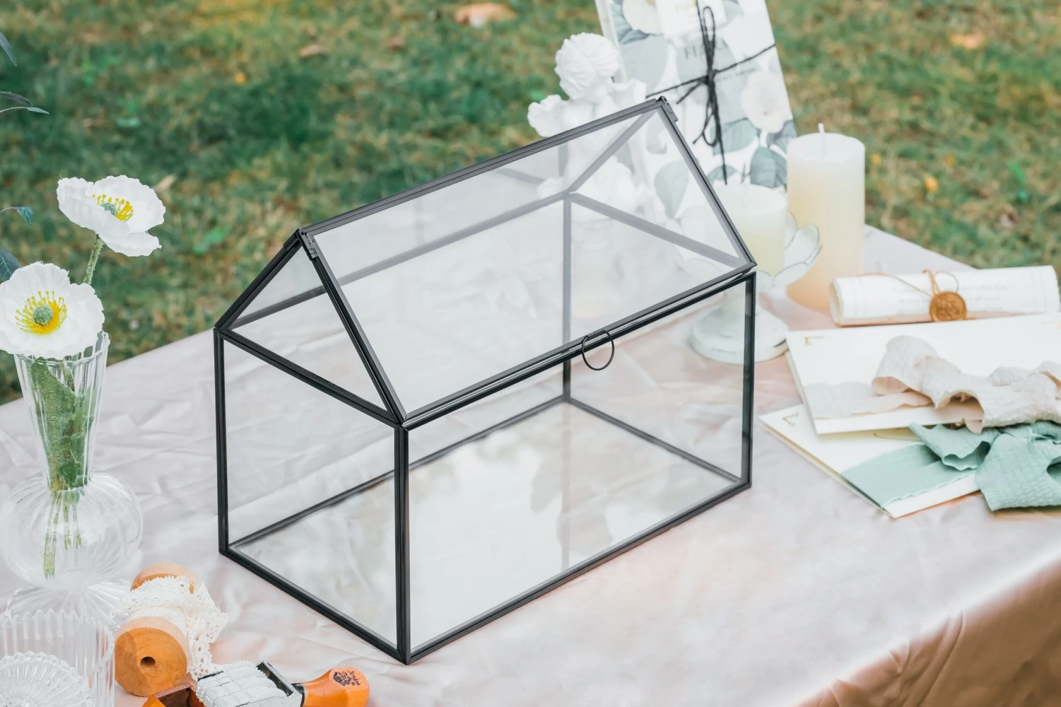 Geometric Glass Card Box Terrarium, Black, Handmade, House Shape,for Wedding Receiption, Wishwell, Keepsake Centerpiece 11 Geometric Glass Card Box Terrarium, Black, Handmade, House Shape,for Wedding Receiption, Wishwell, Keepsake Centerpiece - Image 9