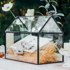 Geometric Glass Card Box Terrarium, Black, Handmade, House Shape,for Wedding Receiption, Wishwell, Keepsake Centerpiece