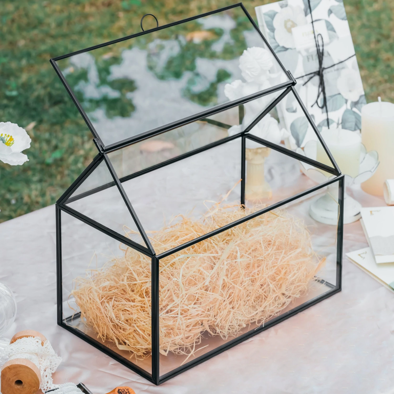Geometric Glass Card Box Terrarium, Black, Handmade, House Shape,for Wedding Receiption, Wishwell, Keepsake Centerpiece 5 Geometric Glass Card Box Terrarium, Black, Handmade, House Shape,for Wedding Receiption, Wishwell, Keepsake Centerpiece - Image 3