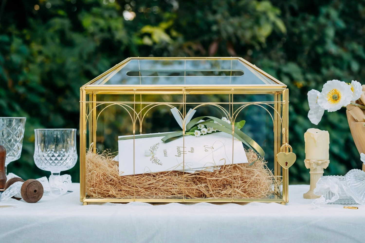 Vintage Gold Large Geometric Glass Card Box Terrarium With Slot, Heart Lock, Foot, Handmade Brass For Wedding Reception Wishwell Keepsake 5 Vintage Gold Large Geometric Glass Card Box Terrarium With Slot, Heart Lock, Foot, Handmade Brass For Wedding Reception Wishwell Keepsake - Image 3