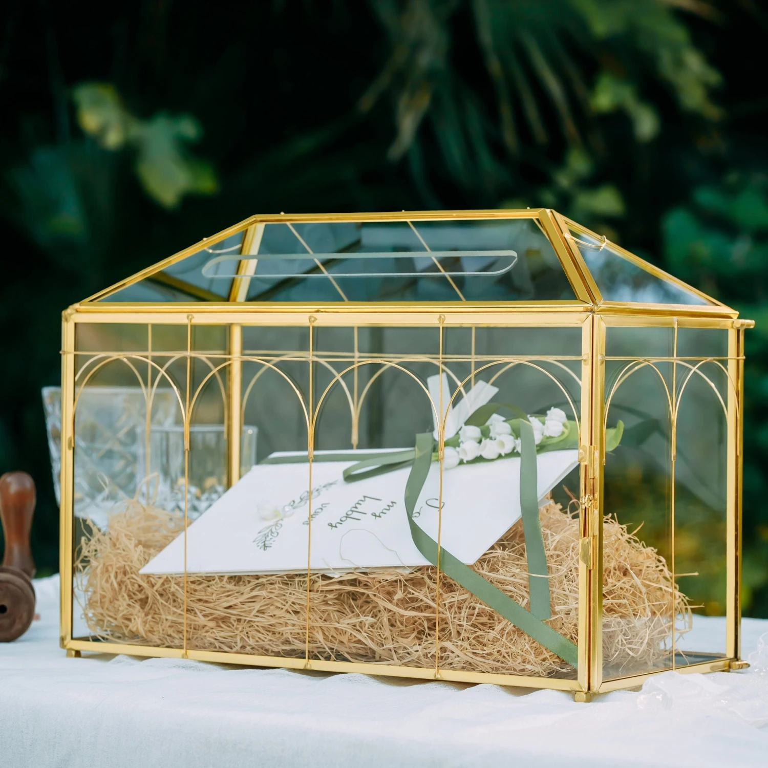 Vintage Gold Large Geometric Glass Card Box Terrarium With Slot, Heart Lock, Foot, Handmade Brass For Wedding Reception Wishwell Keepsake 3 Vintage Gold Large Geometric Glass Card Box Terrarium With Slot, Heart Lock, Foot, Handmade Brass For Wedding Reception Wishwell Keepsake