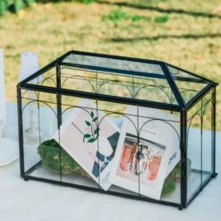 Vintage Black Large Geometric Glass Card Box Terrarium With Slot, Heart Lock, Foot, Handmade Brass For Wedding Reception Wishwell Keepsake -Ncyp Garden Store il fullxfull.4647088125 kwn3