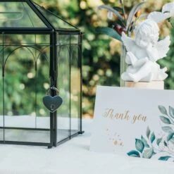 Vintage Black Large Geometric Glass Card Box Terrarium With Slot, Heart Lock, Foot, Handmade Brass For Wedding Reception Wishwell Keepsake -Ncyp Garden Store il fullxfull.4647088693 el6t