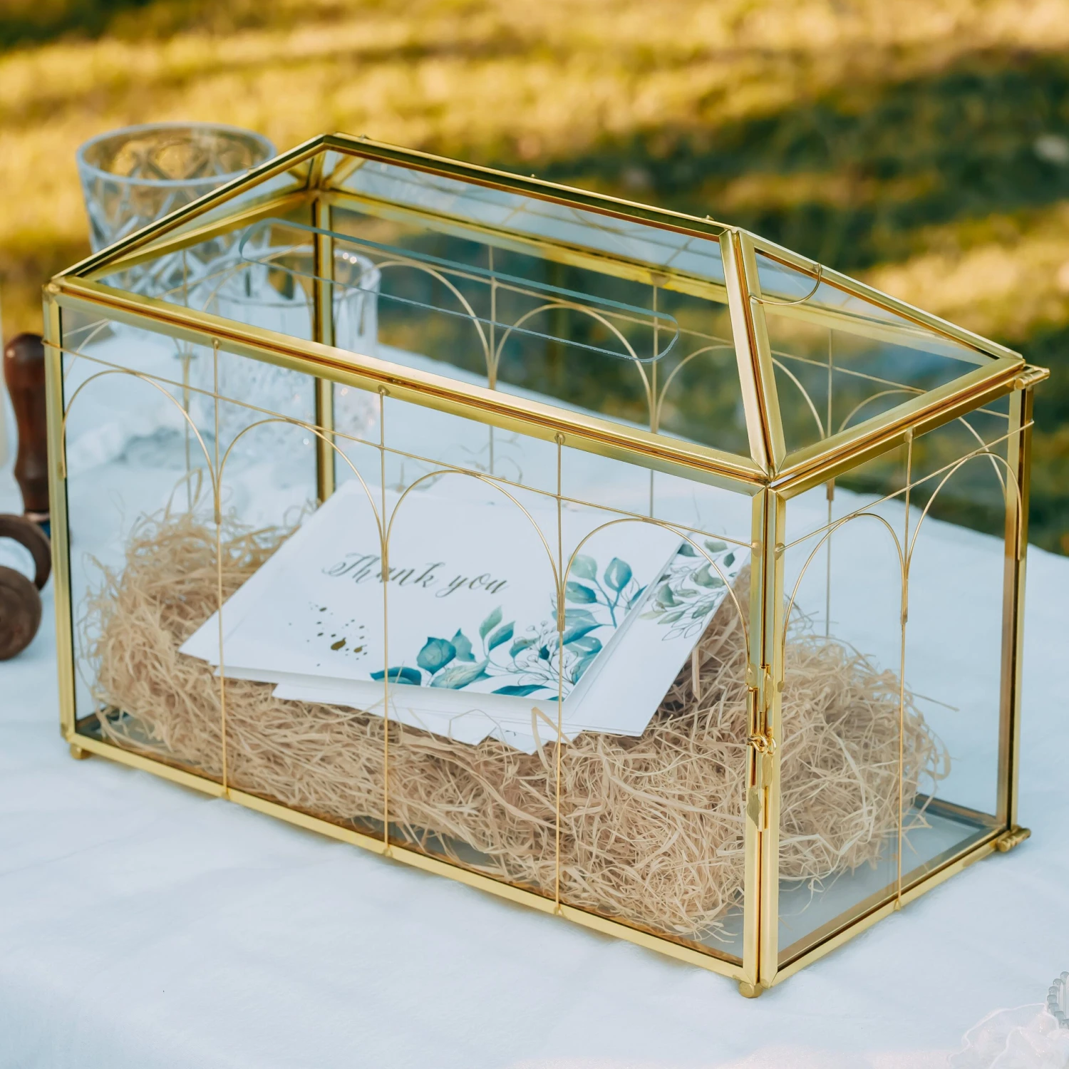 Vintage Gold Large Geometric Glass Card Box Terrarium With Slot, Heart Lock, Foot, Handmade Brass For Wedding Reception Wishwell Keepsake 7 Vintage Gold Large Geometric Glass Card Box Terrarium With Slot, Heart Lock, Foot, Handmade Brass For Wedding Reception Wishwell Keepsake - Image 5