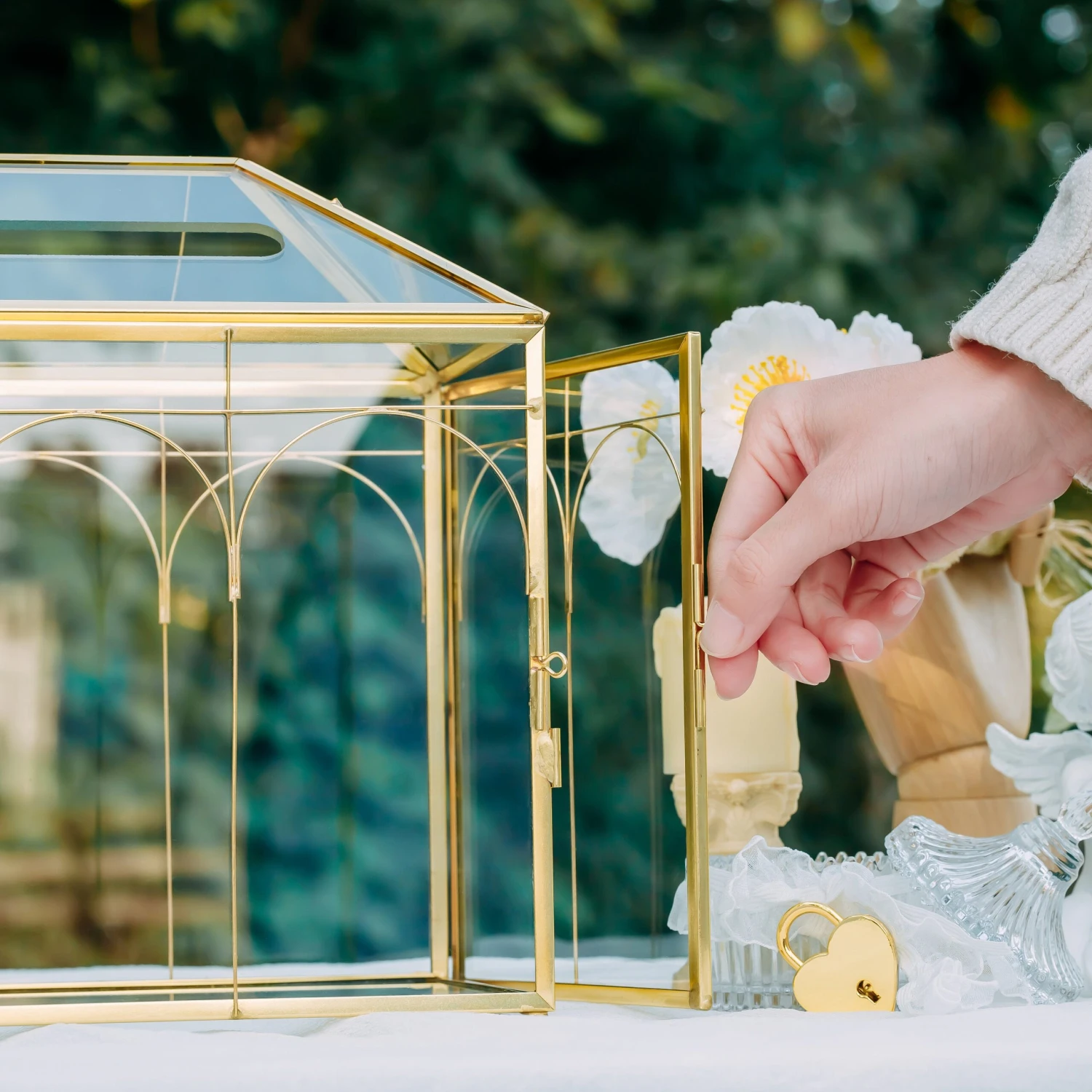 Vintage Gold Large Geometric Glass Card Box Terrarium With Slot, Heart Lock, Foot, Handmade Brass For Wedding Reception Wishwell Keepsake 10 Vintage Gold Large Geometric Glass Card Box Terrarium With Slot, Heart Lock, Foot, Handmade Brass For Wedding Reception Wishwell Keepsake - Image 8